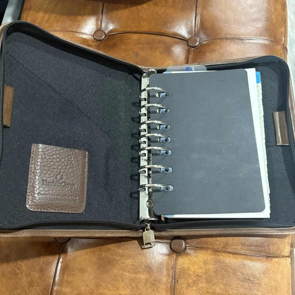 Franklin Quest Pre-Covey Green Line Canvas Brown Leather Trim Planner 7 Ring Zip